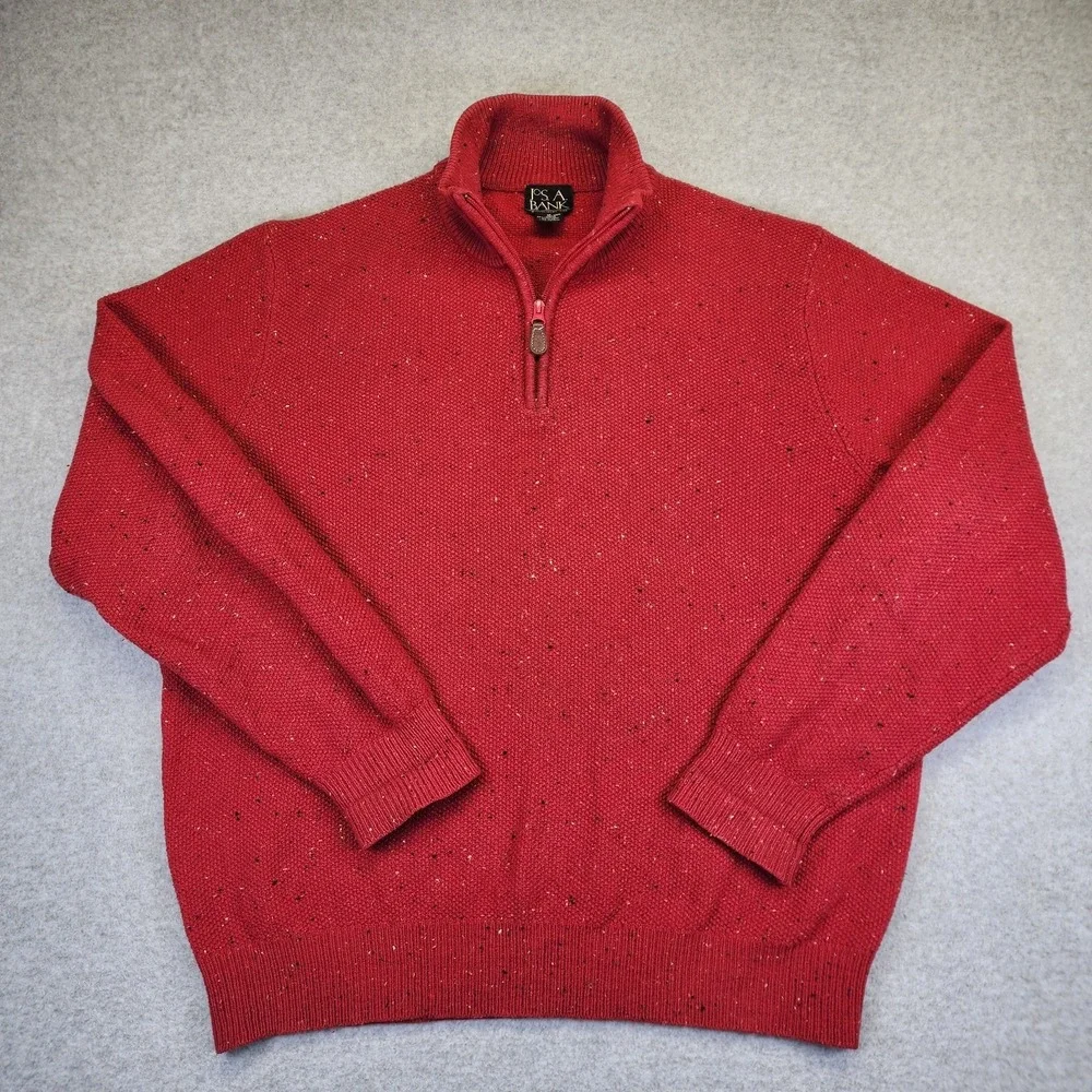 Jos A Bank Lambs‎ Wool Blend 1/4 Zip Sweater Mens M Speckled Red Mock Neck